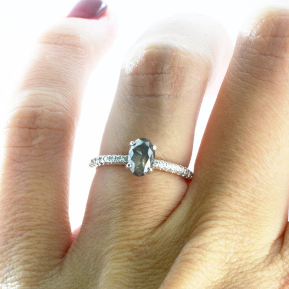 Oval Diamond Engagement Ring Rose Cut Fancy Gray 0.78 TCW 14K White Gold - Picture 3 of 6